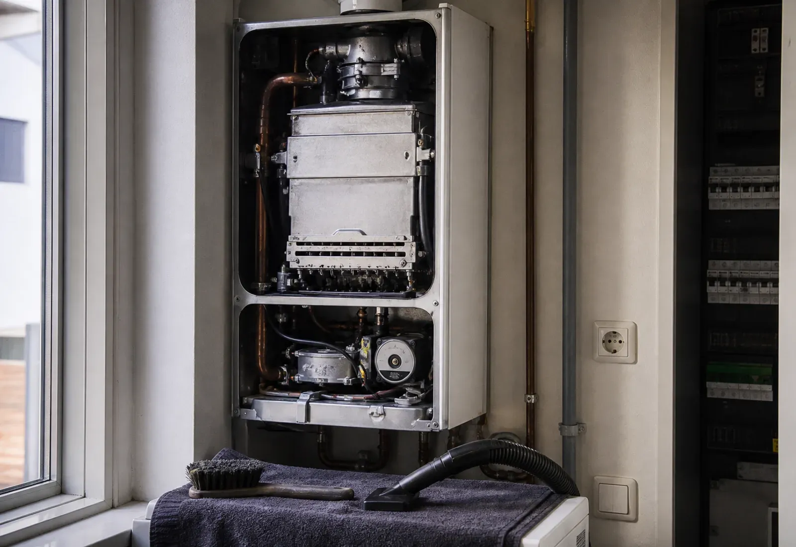 Geopende cv-ketel met schoongemaakte warmtewisselaar en brander, borstel ernaast