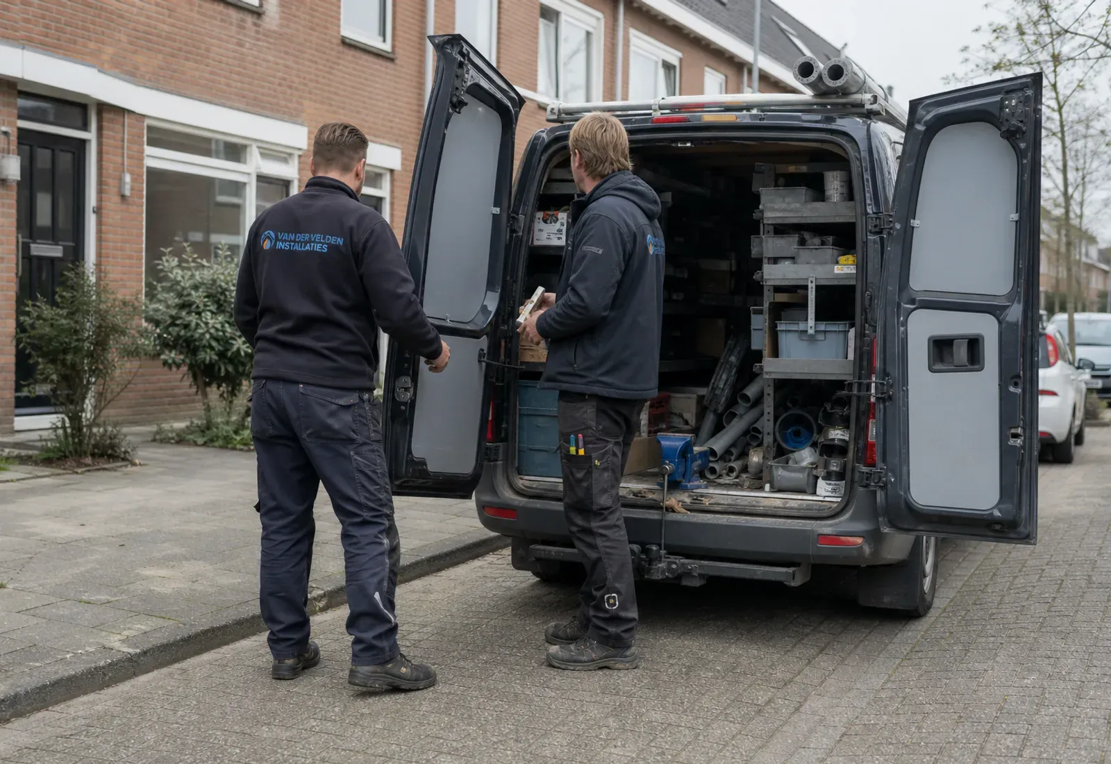 Twee installateurs overleggen bij de open achterdeuren van een bestelbus