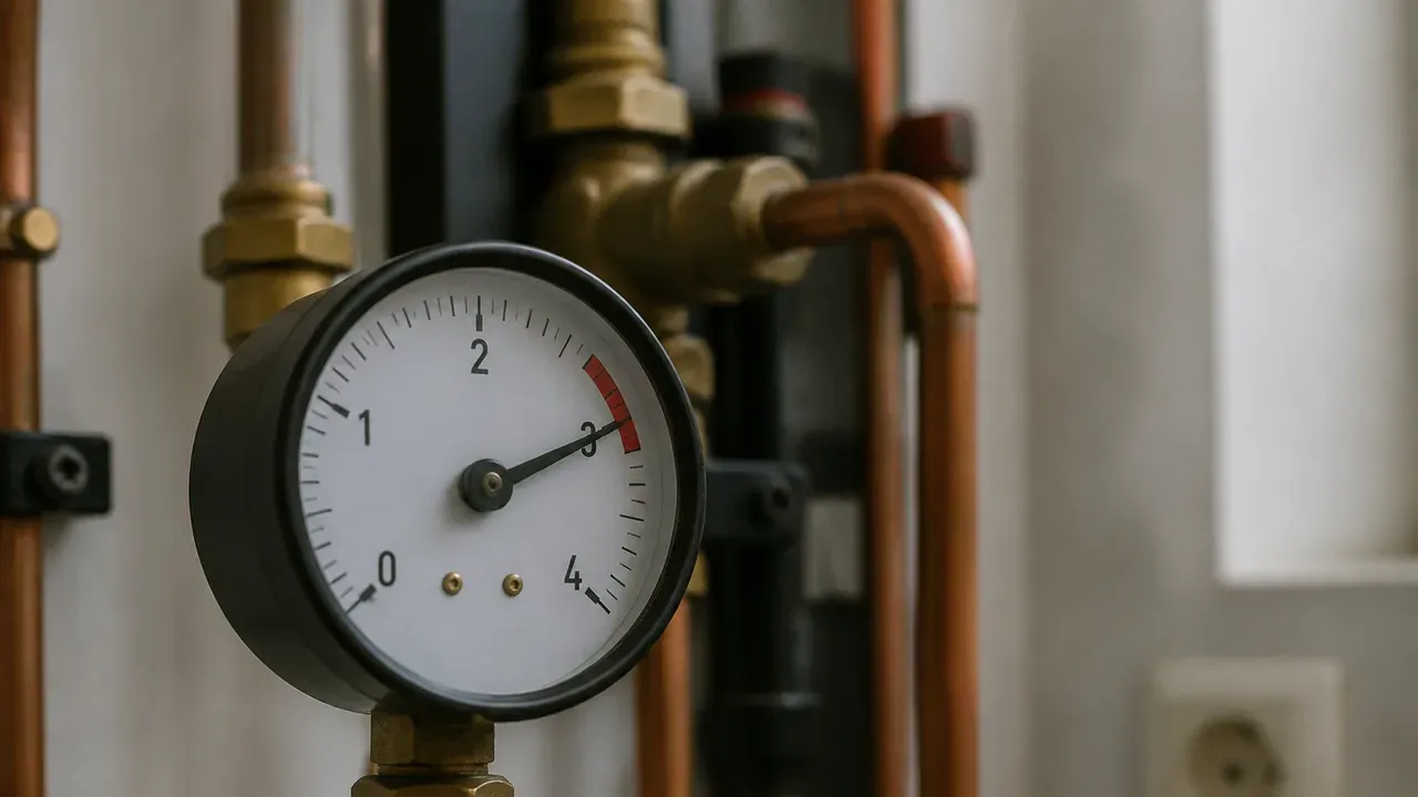 Manometer van een cv-installatie met de wijzer in het rode gebied